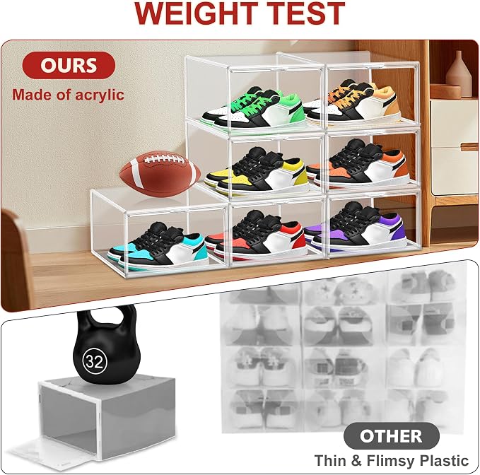 1 Pack Clear Plastic Shoe Boxes with Acrylic Magnetic Door, Size 12 | Shoe Storage Organizer for Closet, Stackable Shoes Rack Handbag Organizer Plastic Sneaker Storage Bin with Magnetic lids