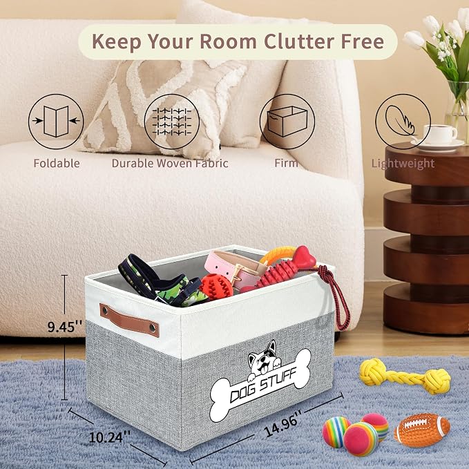 Collapsible Box, Dog Toy Basket, Storage Bin for Pet Accessories | Fabric Storage with Handle, Organizer for Living Room, Gray