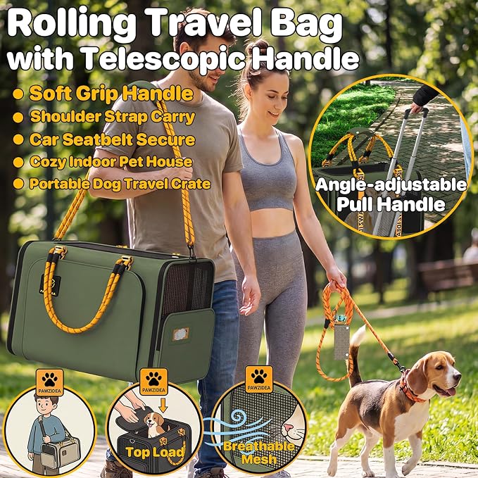 PAWZIDEA Expandable Large Pet Carrier with Wheels, 24x16x16 in Rolling Cat Carrier for 2–4 Cats up 55lb, Soft-Sided Collapsible Small Medium Dog Crate for Car Travel, Telescopic Handle, Storage Pocket