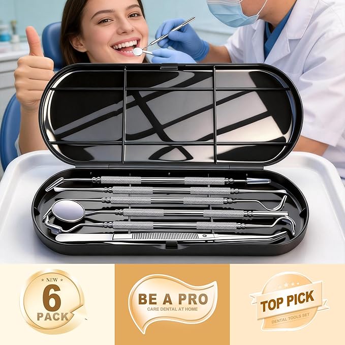 Dental Tools Plaque Remover Teeth Cleaning Tool﻿s Kit 6 Pcs Dental Care Kit Stainless Steel Dental Pick Tartar Remover Tool for Home/Travel/Pet Care-Storage Case Included