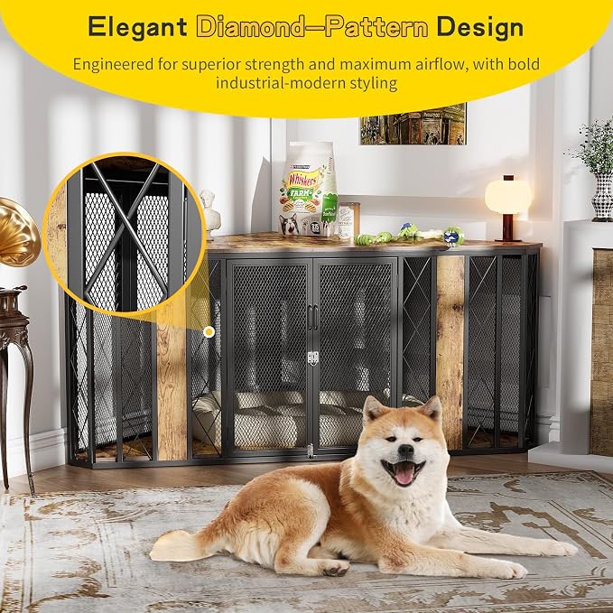 Spacesea Extra Large Corner Dog Crate Furniture, Heavy Duty Indoor Dog Kennel, End Table & TV Stand in 1, Chew-Proof Metal, Retro Brown Wood Panels, Space Saving Large Breed Dog Cage for Living Room