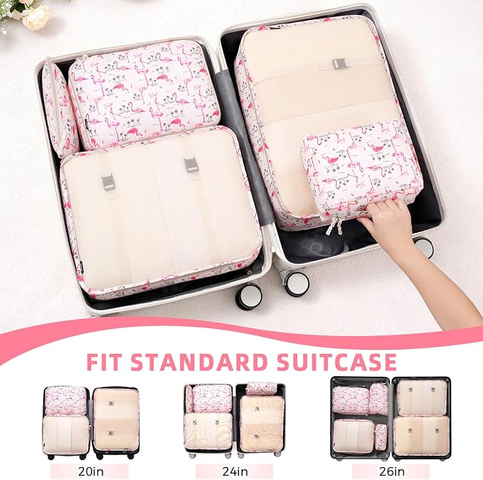 BAGAIL 8 Set Packing Cubes Luggage Packing Organizers for Travel Accessories-Pink Flamingo