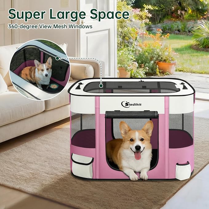 Siedihit 31" Dog Playpen,Cat Puppy Pen, Pet Portable Crate Indoor Outdoor | Durable Travel Camping Use,Foldable Dog Kennel Tent Cage for Rabbit Small Animals with Carrying Case (Pink, Medium)
