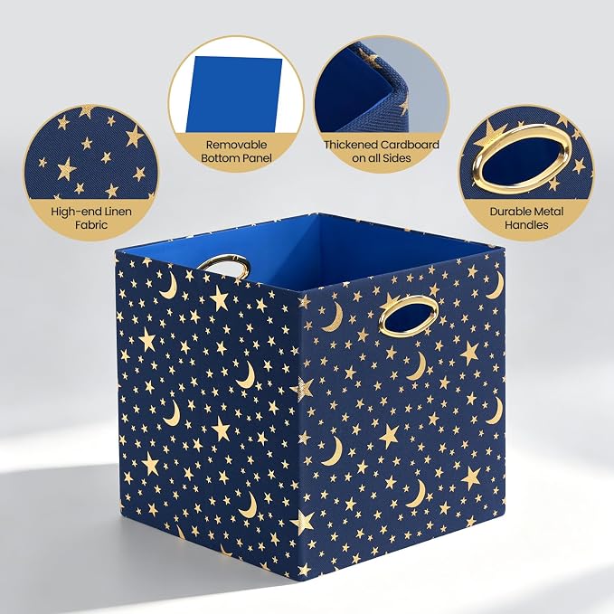 Posprica 13x13x13 Storage Cube Bins, Collapsible Storage Bins Fabric Storage Cubes Organizer Baskets Box Drawers for Shelves, Closet, Wardrobe, Bookshelf, Cabinet, Blue-Moonstar, 4 Pack