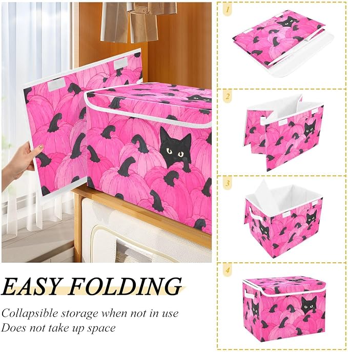 Fabric Storage Bins with Lid Pink Pumpkin Closet Storage Basket 40L | Decorative Storage Boxes, 300D Oxford Cloth, Hollow Board Frame, Flip Top Velcro Lid, 16.5x12.6x11.8 inch, Collapsible Design