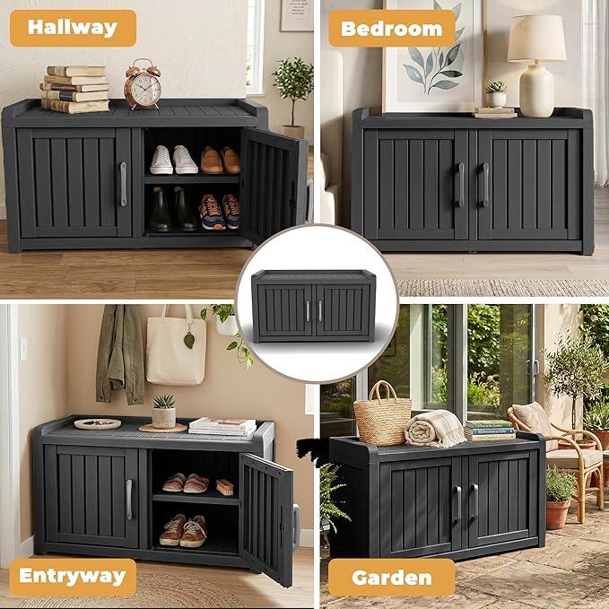 ROJIK Shoe Storage Bench, Shoe Cabinet Double Door, Black | Waterproof UV-Resistant,Storage Bench Indoor Outdoor with Adjustable Shelves,for Entryway Bedroom,Hallway,Living Room