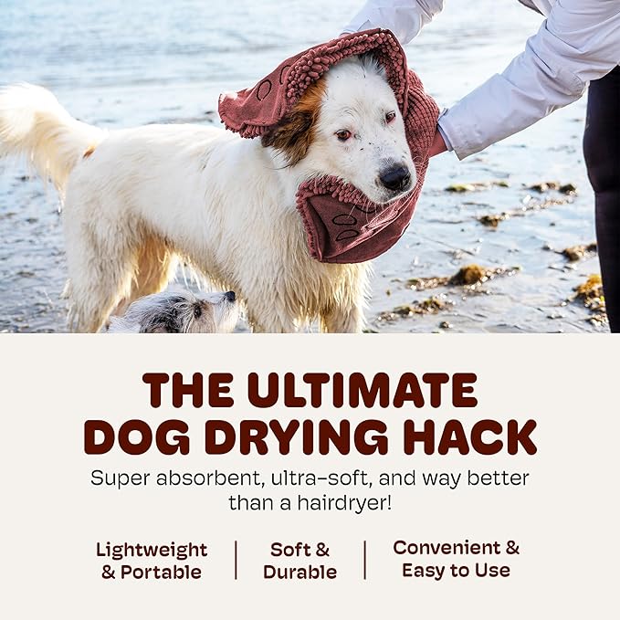 Dog Gone Smart The Dirty Dog Shammy - 2-Pack, Fast Drying Plush Shammy Towel with Dual Hand Pockets and Elastic - Super Absorbent Microfiber and Machine Washable - 31 × 13 in, Brown