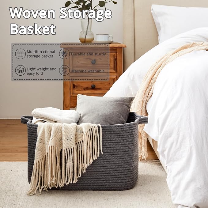 OIASKET Large Toy Basket, Rectangle Woven Rope Storage Basket for Blankets, Dirty Clothes, Shoes, Nursery Organizer Bins (Dark Grey)