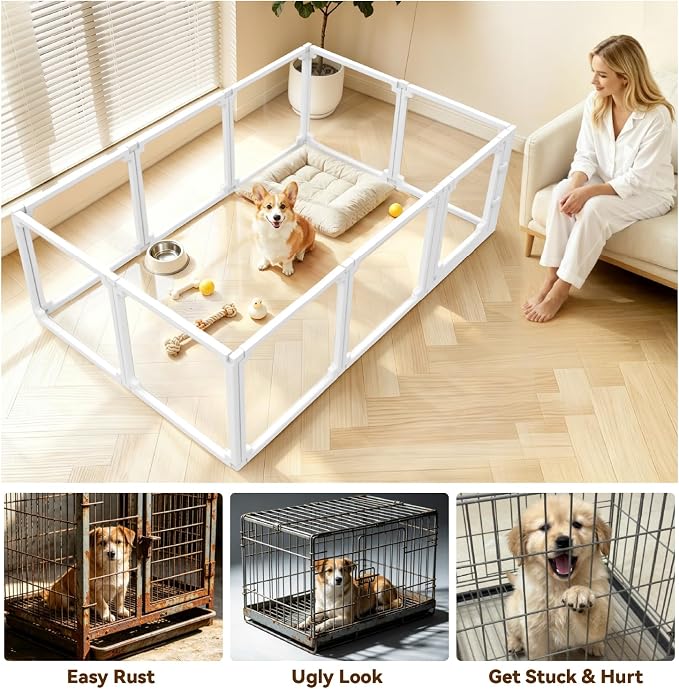 FlexiSpace Adjustable Clear Dog Play Pen, Expandable & Stackable Acrylic Dog Playpen, ONLY Dog Play Pen Indoors Grow with Your Pet Puppy Playpen (White, 24", 10 Panels)