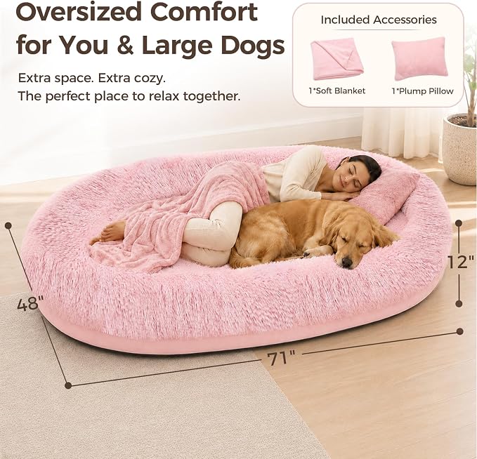 Human Dog Bed for Adult, 71"x48" Large Pet Dog Bed, Pink | Adult Dog Bed for Humans with Pillow & Blanket, Fluffle Cloud Dog Bed with Orthopedic Foam Bolster, Durable Zipper, Portable