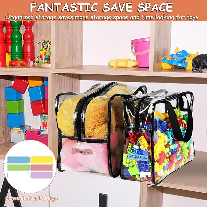 6 Large Toy Storage Bags with Labels Reusable Clear Toy Organizer 3L & 3XL | PVC Waterproof Transparent Organizer Bags with Zipper for Building Blocks, Puzzle, Board Games Travel Storage, Save space
