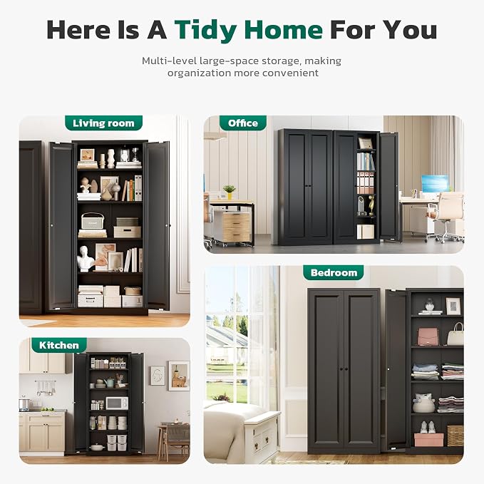 Greenvelly Metal Storage Cabinet, 63" H Black Metal Storage Cabinet with Doors and 4 Shelves, Lockable Steel Cabinets for Living Room, Office, School (Black - Modern)