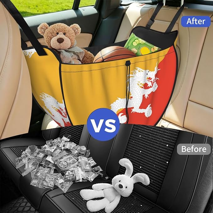 Flag of Bhutan Car Seat Organizer-Backseat Storage Bag for Travel | Waterproof Durable. Holds Snacks Gear Essentials. Fits Most Cars.