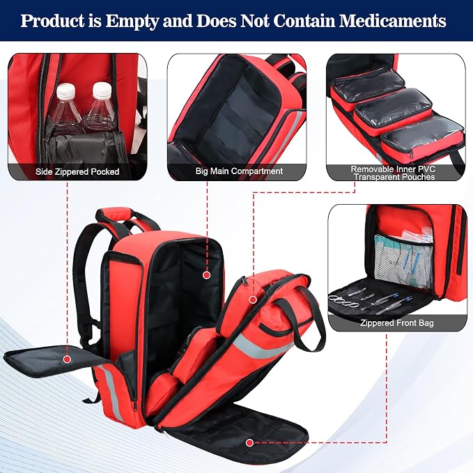 First Aid Bag Empty,EMS,EMT,Emergency Trauma Doctor Bag,First Aid Kit For Car,Home,Hiking,Camping and Travel(Red)
