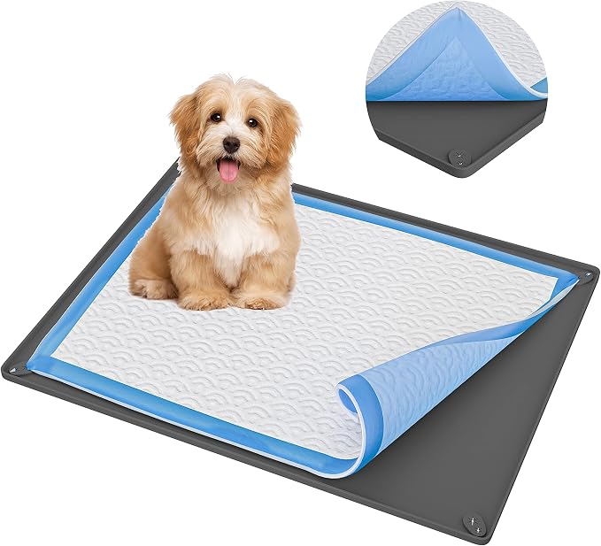 Dog Pee Pad Holder Tray Fits for 28” x 30” Pee Pads - 1 Pack - Grey | Corner Lock Holes, Raised Edges, Non-Spill, Easy to Clean Silicone Dog Potty Tray Holder, For Indoor Floor Protection