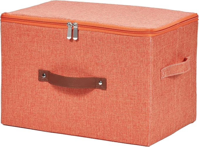 Storage Bins with Zipper Lids Decorative Lidded Baskets Boxes | Clothes Container, Closet Shelf Organizer, Foldable Washable, Cotton Linen Fabric, w/ PU Leather Handles, Orange, Large