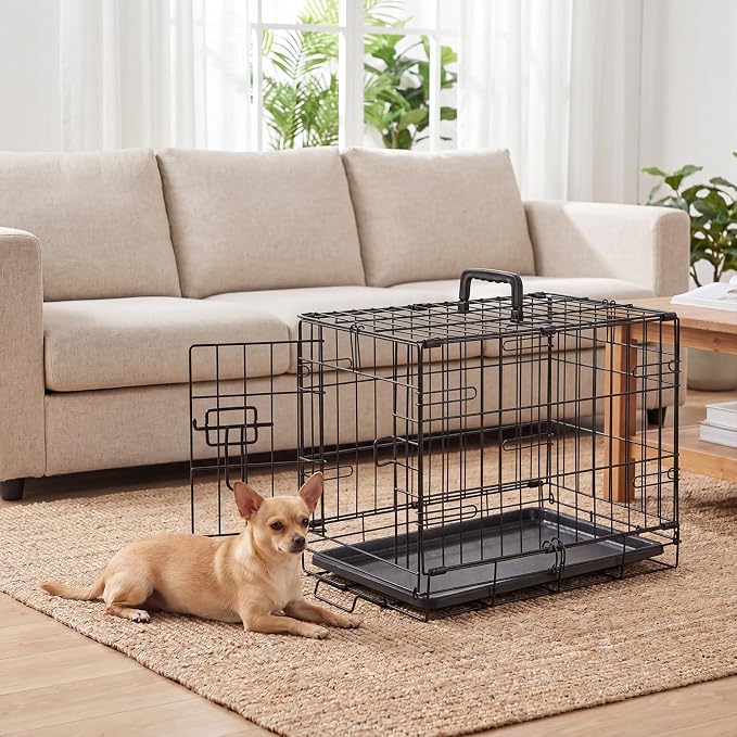 Small Dog Crate 18 Inch Foldable Single Door Dog Cage Pet Kennel | Metal Wire, Secure Lock, Plastic Leak-Proof Pan Tray, Indoor Outdoor Training Pet
