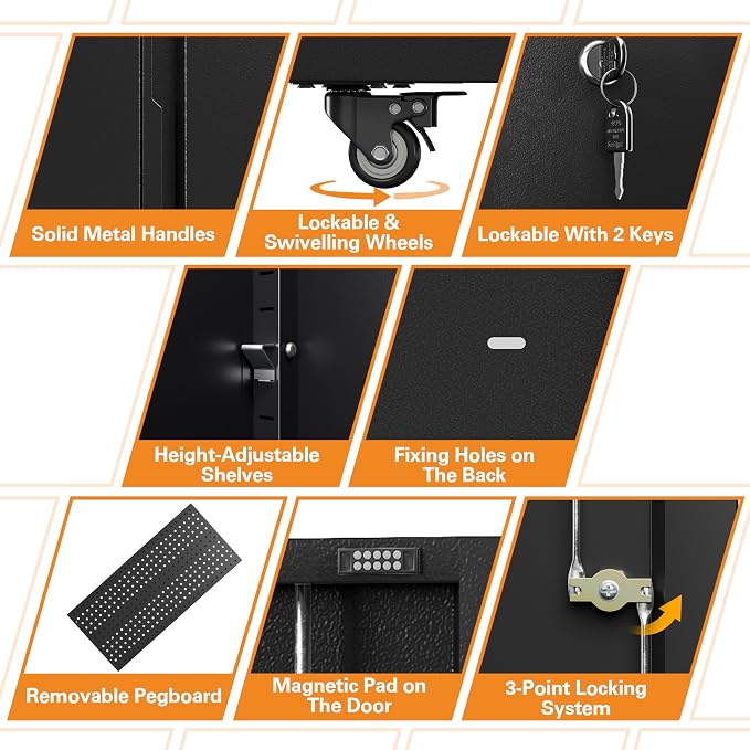 Metal Garage Storage Cabinet with 2 Doors, Adjustable Rolling Tool Storage Cabinet with Lock, 71" Steel Locking Broom Closet with Wheels and Shelves for Garage, Warehouse(Black, 71" H)