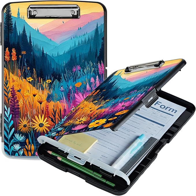A4 Clipboard with Storage Pen Holder, Clipboards Organizer Nursing Clipboard Foldable File Folder Plastic Clipboard Folio Clip Board for Office Work Classroom Doctor, Mountain Wildflowers