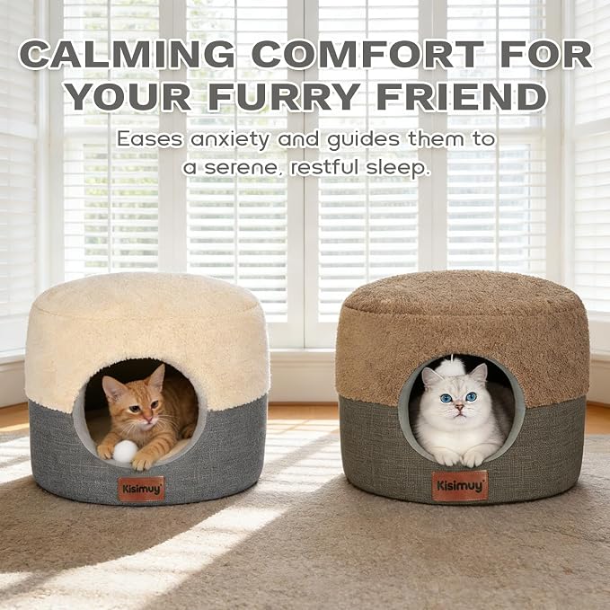 2-in-1 Cat Bed Cave, Cozy Covered Cat Beds for Indoor Cats,Pet Bed | 19.7"D x 15"H, Cave To Bed In Seconds, Pet Hideaway for Kittens & Small Dogs, Hanging Cat Toys, Machine Washable Puppy Bed