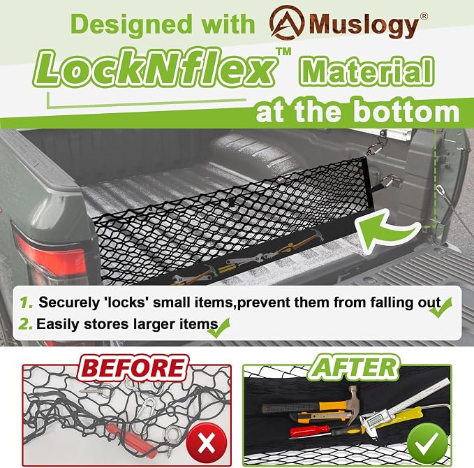 Muslogy Cargo Net for Nissan Frontier 2022-2025 2026 (Extra Support Frame) | Custom Fit, Truck Bed Storage Organizer Net for Pickup Truck Bed Divider, Heavy Duty Carabiners, Night Visible Grab Handle