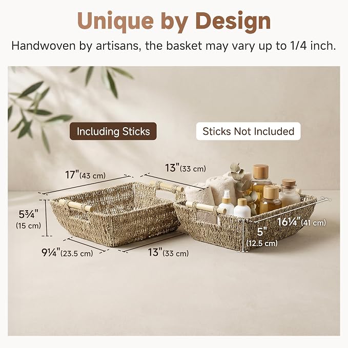 StorageWorks Hand-Woven Jumbo Storage Baskets with Wooden Handles, Seagrass Wicker Baskets for Organizing, 2-Pack | Wicker Storage Baskets for Shelves, Baskets with Wooden Handles, 2-Pack Gifts Basket for Home Decor, Hand-Woven Basket