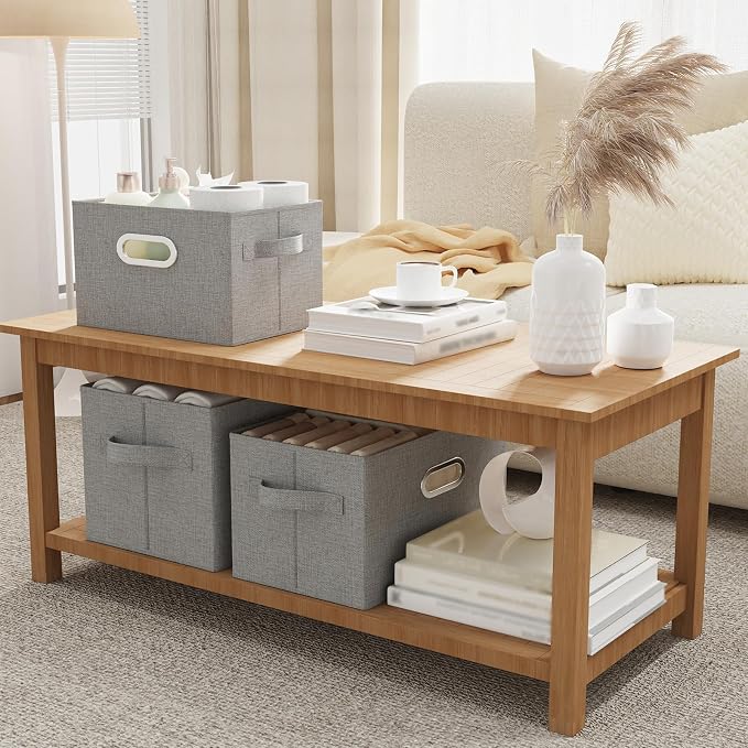 Washable Storage Box with Fabric Handle,Grey,15x9.8x9.8in,4 Pack | Open Storage Bins with Metal Grips,Moisture-Proof PP Board Closet Organizers,Foldable Cloth Baskets for Garment Cabinet