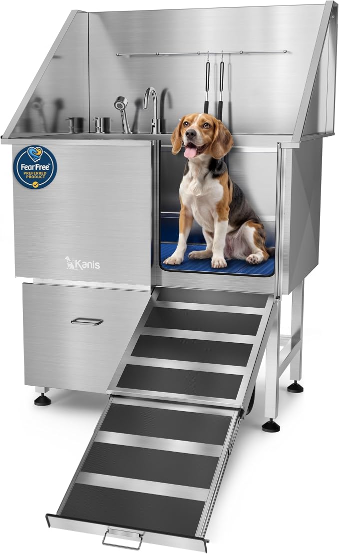 Professional Dog Washing Station 304 Stainless Steel Pet Wash Sink | Grooming Bathtub w/Shower, Floor Grates and Storage for Large, Medium & Small Pets