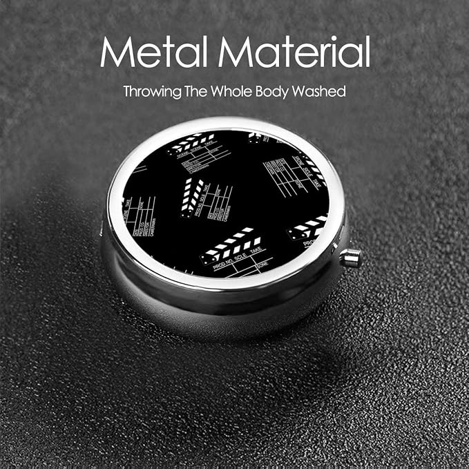Mini Pill Box, Portable Round Organizer for Daily Vitamins, Travel Pill Case Pocket Purse Use, Waterproof Design for Men Women, Movie Clapboard