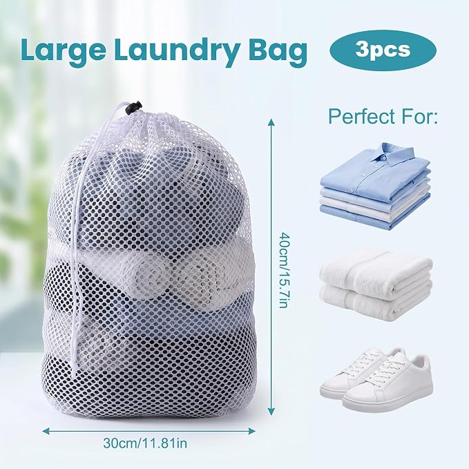 3 Pcs Small Mesh Laundry Bags with Drawstring, 12"×16" Travel Nylon Laundry | Machine Washable Laundry Bags for Delicates White Mesh Wash Bags for Storage Clothes Socks Jewelry Gifts Toys Fruit
