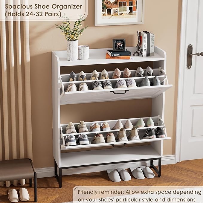 Shoe Storage Cabinet with 2 Flip Drawers, Freestanding Shoe Organizer, Shoe Cabinet with Metal Legs, Narrow Shoe Rack Cabinet, Farmhouse Slim Shoe Cabinet for Entryway, Foyer, Hallway, White