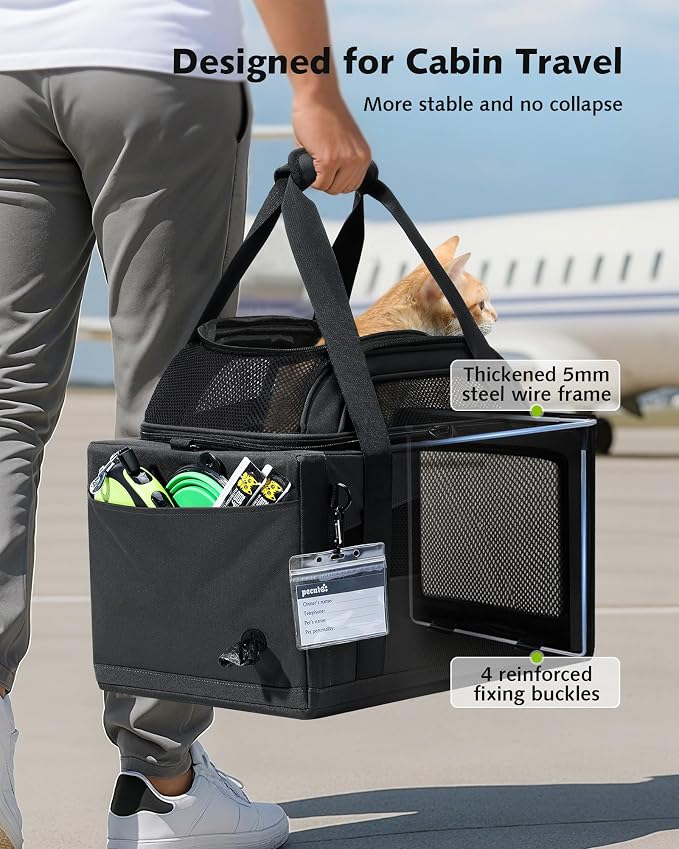 Pecute Top Expandable Airline Approved Pet Carrier for Cats, Dark Gray | Airline Approved Dog Carrier, Under-seat, Breathable, Anti-scratch Mesh, Safety Leash, Locking Zippers, Leakproof Pee Pad
