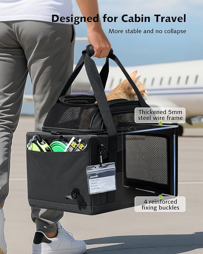 Pecute Top Expandable Airline Approved Pet Carrier for Cats, Dark Gray | Top side expandable, breathable scratch-resistant mesh, leakproof pee pad, locking zippers, foldable travel bag under 11lbs.