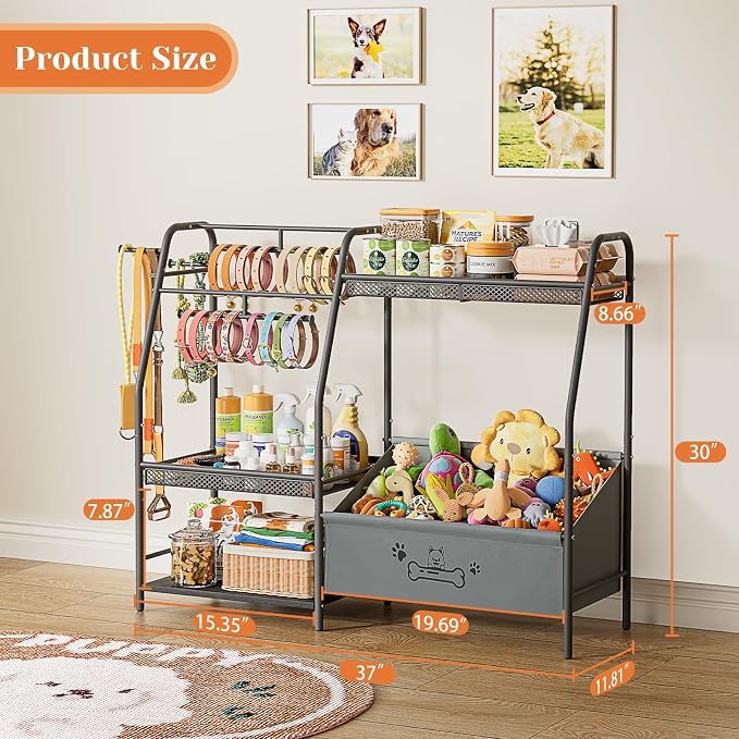 Lomivra Large Dog Toy Basket with Dog Storage Organizer, Trapezoid Toy Bin Box with Collar Leash Holder Hook, Dogs Toy Holder Chest Pet Storage Cabinet for Living Room Dogs Essentials