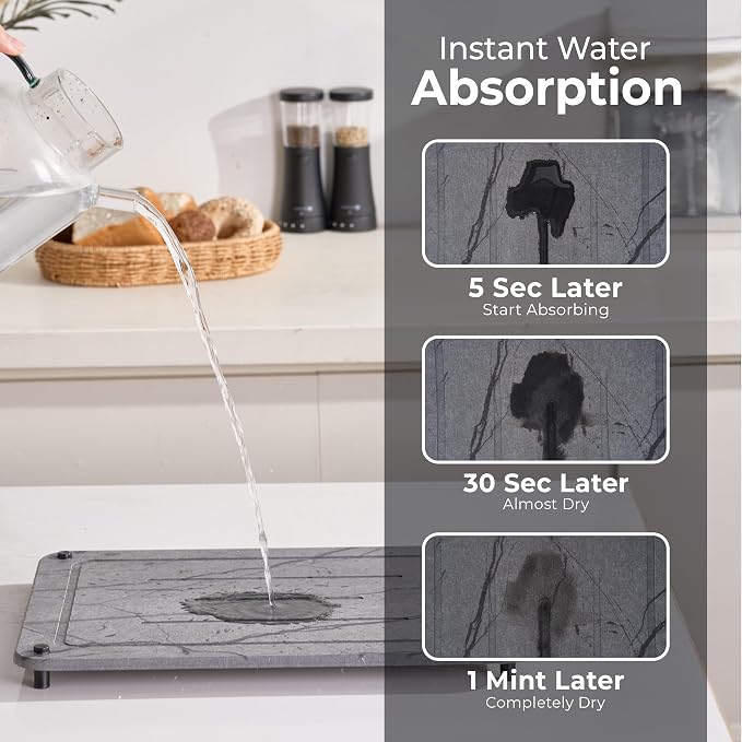 Dish Drying Mat for Kitchen Counter, Drying Matt Kitchen Counter+Sink Caddy | 100% Natural Diatomite Stone, Quick Drying, Non-Toxic, BPA-Free, Eco-Friendly Stone Dish Drying Mat (15.7x11.8" & 8"x4")