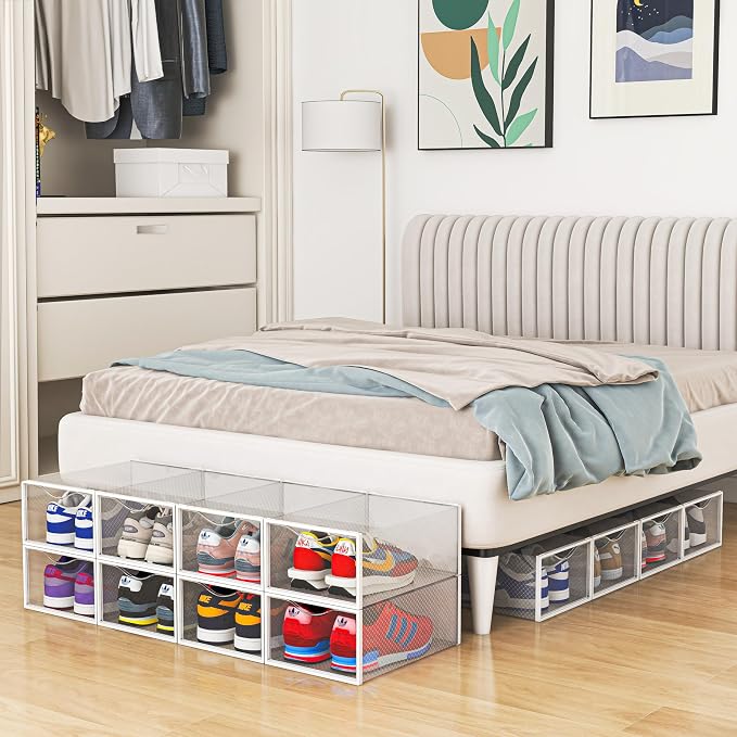 Seseno 12 Pack Shoe Storage Bins, Clear Plastic Stackable Shoe Organizer for Closet, Space Saving Foldable Shoe Rack, Shoe Box Sneaker Holder Container