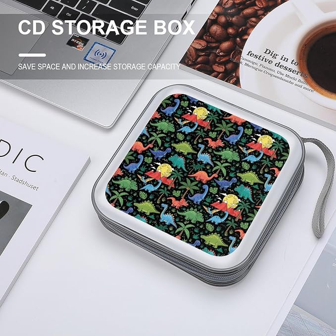 Portable 40-Capacity DVD Storage Binder Dinosaurs World, Hard Case CD Holder with Zipper, Organizer for Music Movies Game Discs