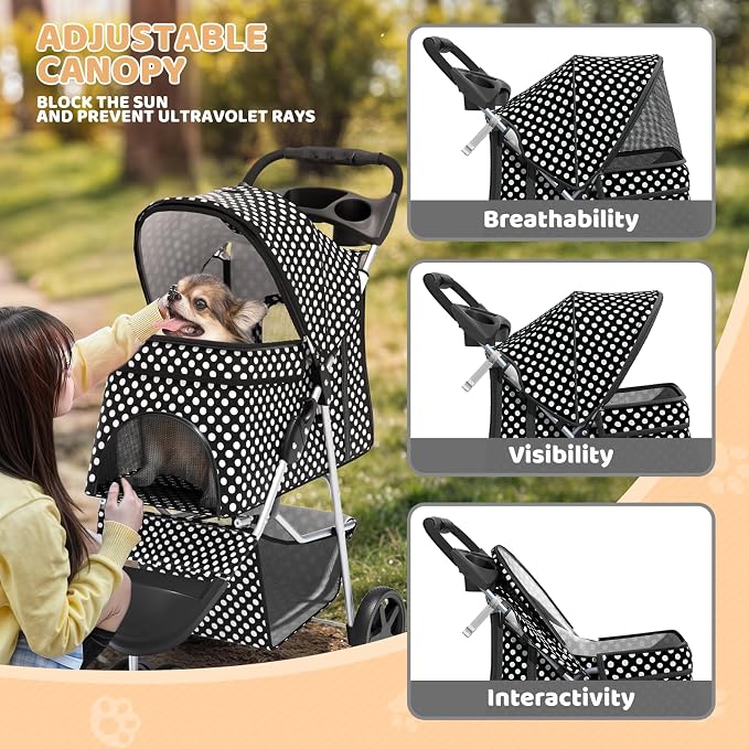 Magshion 3-Wheel Pet Stroller for Small/Medium Dogs & Cats, Up to 33lbs | Foldable Travel Jogger w/ Breathable Mesh Cover, Lightweight Design, Safety Tethers, Cup Holder & Storage Basket