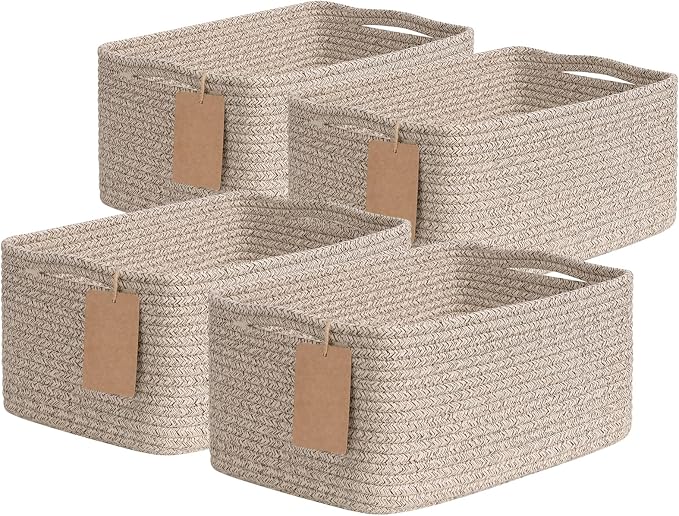 Goodpick 4 Pack Storage Baskets for Organizing Shelves, Brown | 13" x 8" x 6" Woven Rope Baskets for Baby Toys & Books, Decorative Gift Basket for Home Organization, Rectangle Design