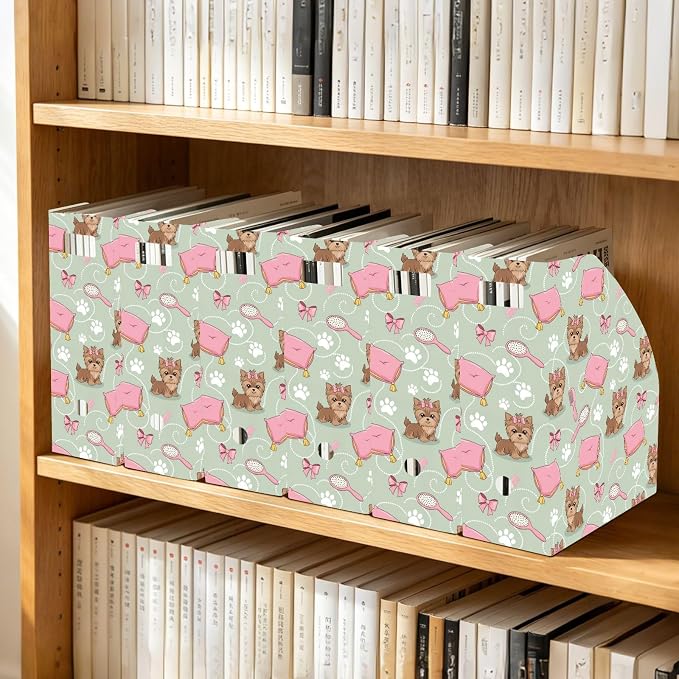 SPRIPORT Pet Dog Bow Green Print Water Repellent PP Magazine File Holder Organizer for Desk, Foldable Storage Rack for Library Office School Document Sorter with Labels 23x30x10cm (3 Pack)