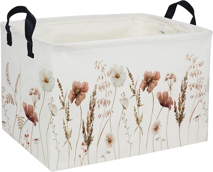 Rectangular Kids Baskets Flower Basket Kids Storage Bins Girls Basket Cute Storage Bin Organizer Box Room Decor for Home(Ink wash flower)