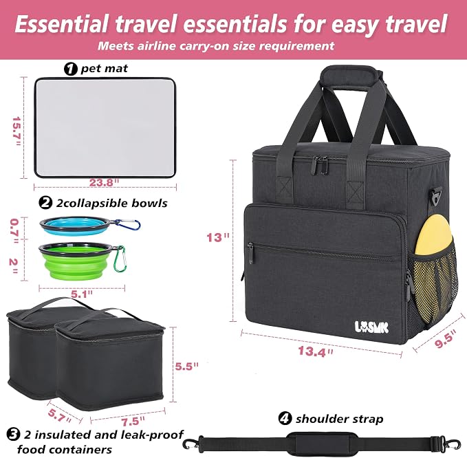 Dog Travel Bag, Large Pet Travel Set with Multi-Function Pockets | 2 Food Storage Containers, 2 Collapsible Bowls, 1 Feeding Mat for Pet Supplies, Road Trip Essentials, Weekend Camping, Black