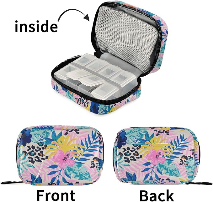 Pill Organizer Leopard Spots Palm Leaves Pill Box 7 Day Pill Case Bag Travel Pill Organizer Bag with Zipper Portable Weekly Case Compact Size for Vitamin Supplement Holder