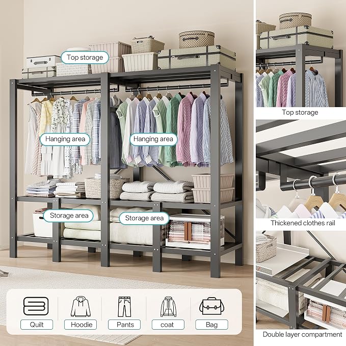49.2in Heavy Duty Portable Closet with Cover, 1500lbs Foldable Covered Metal Clothing Wardrobe Closet System, Heavy Duty Garment Rack for Hanging Clothes, for Bedroom, Apartment, Rental Property,Gray