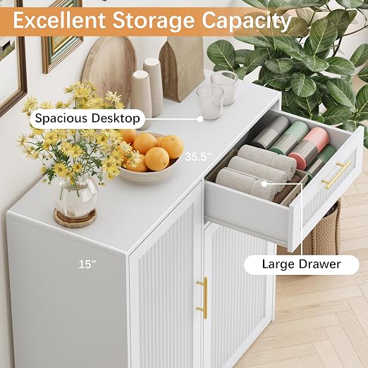13 Gallons Pull Out Trash Can Cabinet with Storage, White | Fluted Kitchen Trash Cabinet with Adjustable Shelf & Drawer, Hidden Wood Pet Proof Trash Can Holder for Laundry, Living Room