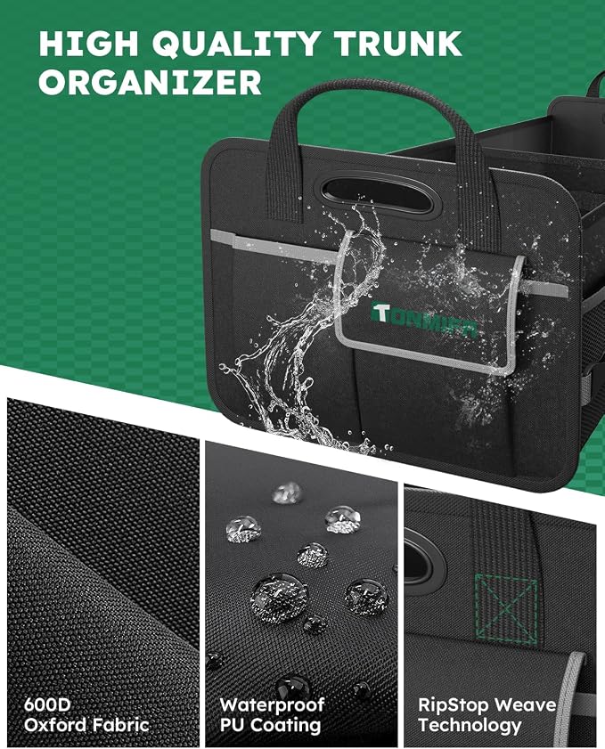 2-Compartment Trunk Organizer & Multi-Compartment Storage Box 600D Waterproof Oxford, with Reflective Strips and 8 Side Mesh Pockets for SUV, Sedan, Minivan- Heavy-Duty Car Organiser(65L)