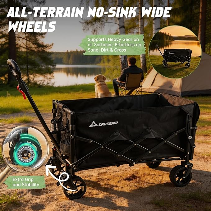Foldable Pet Wagon Cart with Drop-Down Tailgate & Washable Pet Pad | 150L Heavy Duty Collapsible Garden Cart 330lbs Capacity, All-Terrain Wheels Utility Wagon for Camping with 2 Small Puppies