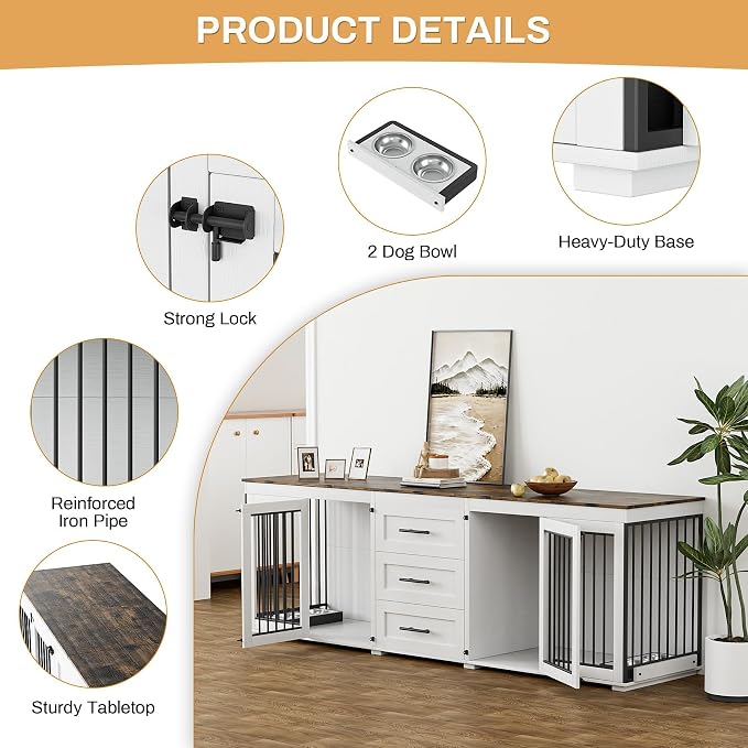 OUYESSIR 94.5" Dog Crate Furniture for Medium Large Dogs, White Brown | Extra large dog kennel fits 2 Medium or large dogs, 3 Storage Drawers, 4 removable Stainless steel dog bowls, Solid Wood