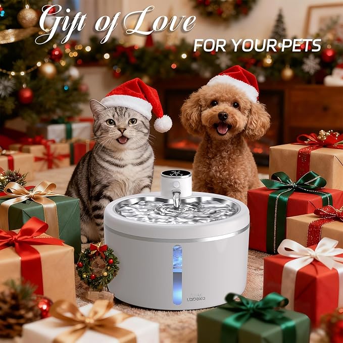 Wireless Cat Water Fountain with [Stainless Steel Tray], 102oz/3L Pet Water Fountain for Cats Inside, Cat Fountain for Drinking with Motion Sensor, Ultra Quiet Pump, Cats & Dogs Gifts (102oz+8Filters)