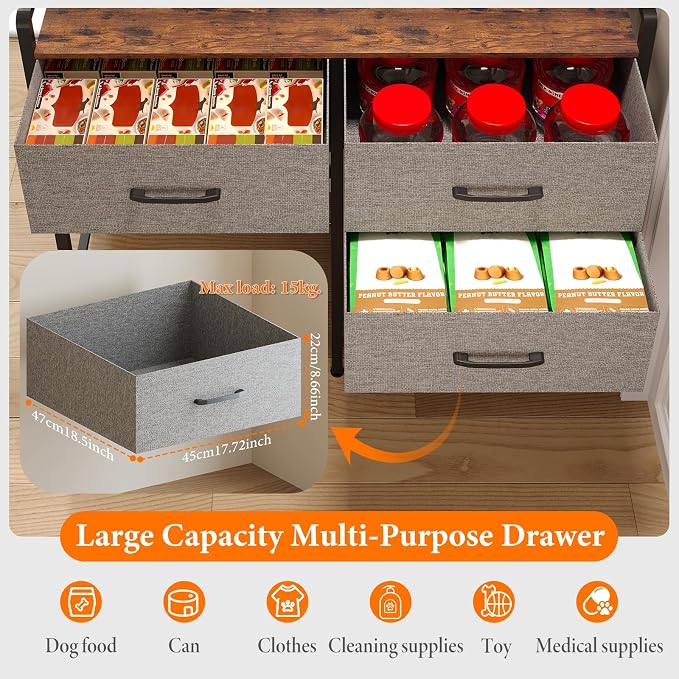 Extra Large Pet Storage Rack, Dog Food Storage Station with 3 Multi-Purpose Drawers & Side Hooks, Industrial Furniture Style Pet Supply Organizer, Fits Big Rolling Food Bins, Grey & Black